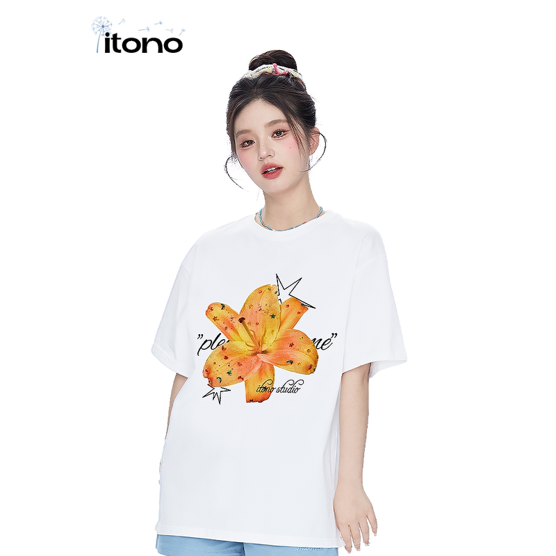 Itono Summer Dopamine American Retro Floral Letter Print Short-Sleeved T-Shirt for Women, Summer Fresh Half-Sleeve
