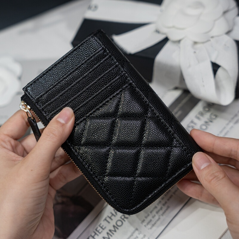 New L-Shaped Caviar Leather Coin Purse, Card Holder, Lychee Pattern Cowhide Zipper Key Bag, Multifunctional Small Wallet
