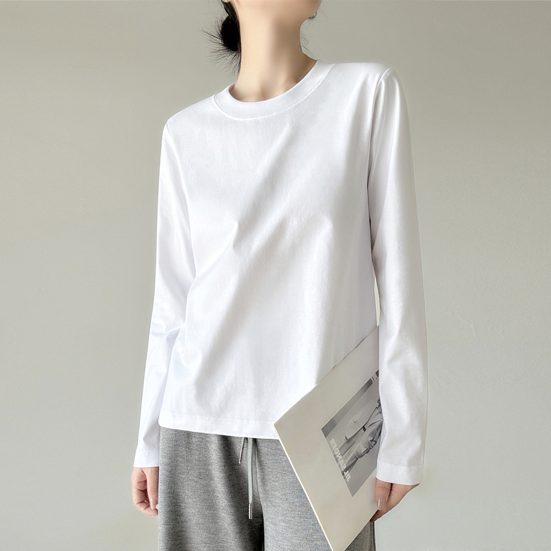 Pure White Loose Round Neck Long-Sleeved T-Shirt, Cotton Simple Regular Shoulder Base Shirt, Loose Casual Outerwear Versatile Top for Women