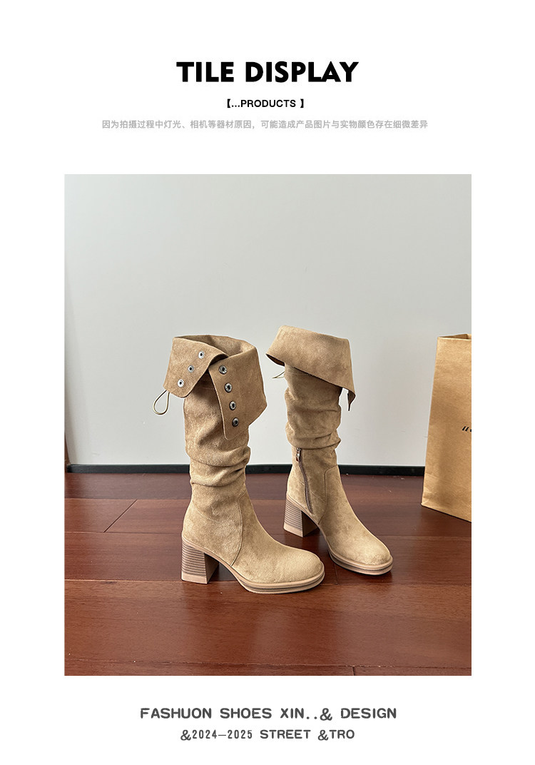 Западные Boots 高跟防水台长靴女侧拉炼 炼 𫔀两穿骑行靴高筒不过膝长筒靴小个子西部靴
