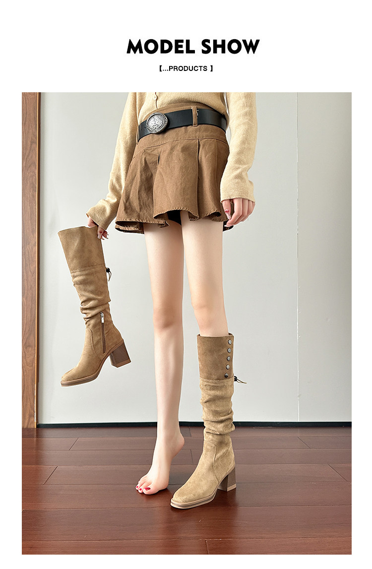 Западные Boots 高跟防水台长靴女侧拉炼 炼 𫔀两穿骑行靴高筒不过膝长筒靴小个子西部靴