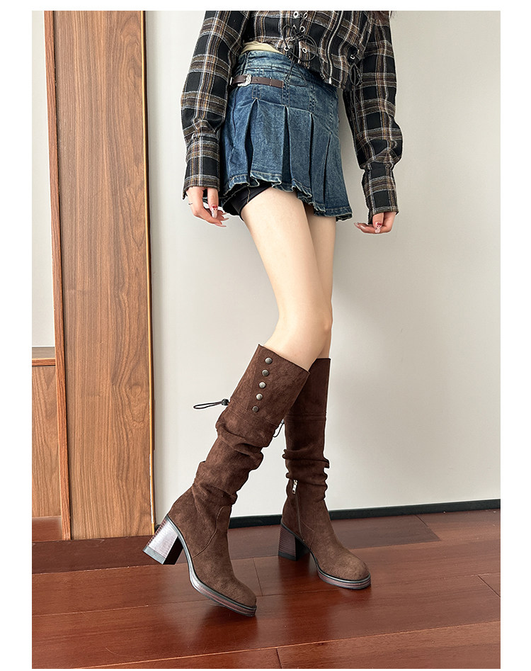 Западные Boots 高跟防水台长靴女侧拉炼 炼 𫔀两穿骑行靴高筒不过膝长筒靴小个子西部靴