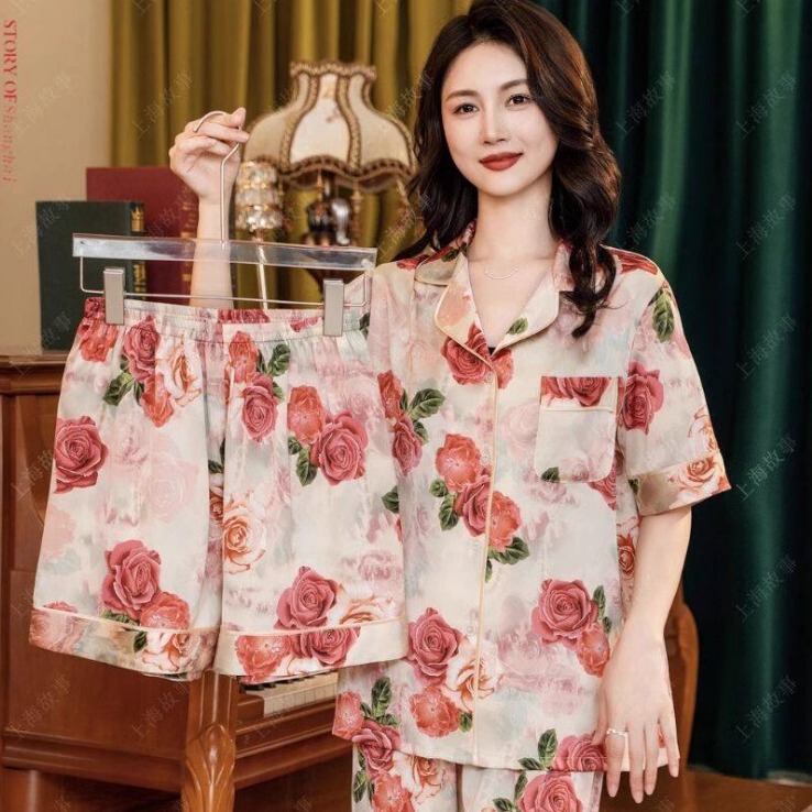 Da Vinci Code Spring and Summer Pajamas Women's Three-Piece Set New Thin and Cool Paris Past Short-Sleeved Women's Homewear Set