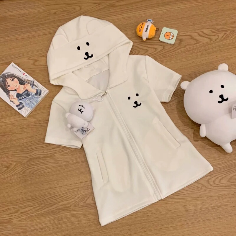「Pp Meow Studio」Original LAOSHU Self-Deprecating Bear Slim Fit Hooded Jacket Summer Cute Short Sleeve Soft Girl T-Shirt
