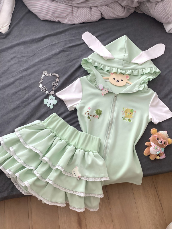 「Pp Meow Studio」 Original LAOSHU Japanese-Style Cute Bunny Ear Hooded Slim-Fit Short-Sleeve Cake Skirt Set