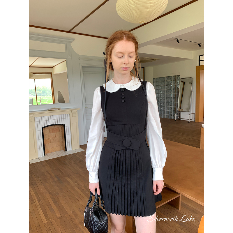 Silvernorthlake Silver Lake Black Button Belt Vest Dress Waist-Cinching Pleated Layered Sleeveless Dress Silvernorthlake Silver Lake Black Button Belt Vest Dress Waist-Cinching Pleated Layered Sleeveless Dress