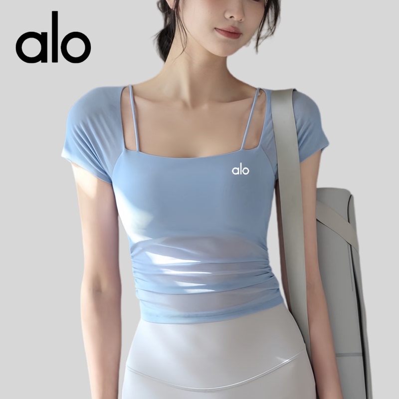 Aio Yoga Wear for Women, Summer Short-Sleeved T-Shirt with Chest Pads, Mesh Sports Top, Slimming Look, Pilates Fitness Wear