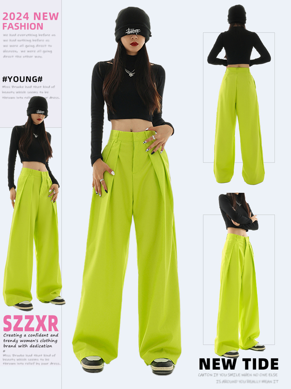 Dopamine Fluorescent Green Casual Wide-Leg Pants for Women, Summer 2026 New Green Cargo Pants, Niche Pants, Women's Long Pants