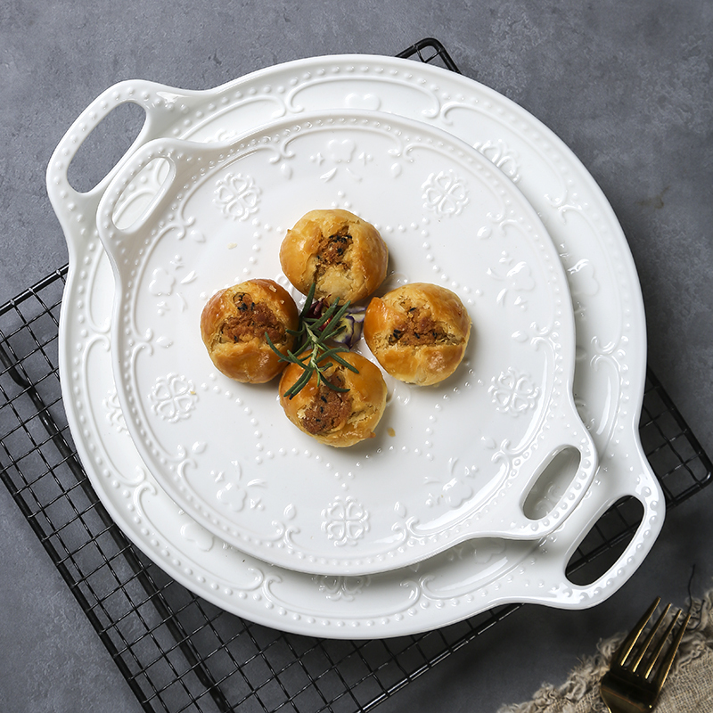 European-Style Embossed Baking Dish Ceramic Double-Handle Plate Pizza Plate Household Dish Steak Pasta Plate Fruit Cake Plate