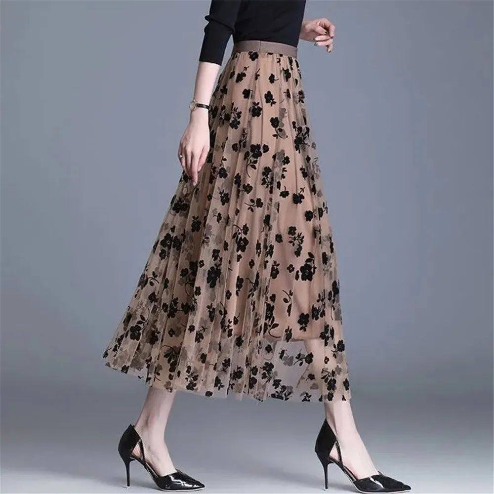 Mesh Floral Skirt Women 2023 Spring Summer Autumn Long Gauze