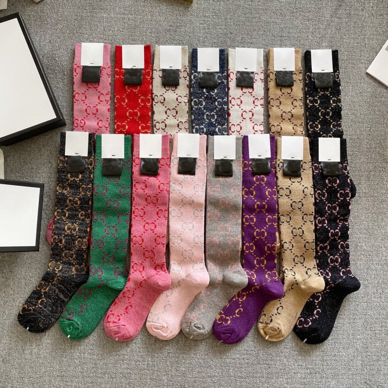 Autumn and Winter Gold Thread Letter Jacquard Simple Trendy Calf Socks Korean Style Simple College Style Shiny Silk Pure Cotton Mid-Calf Socks for Women