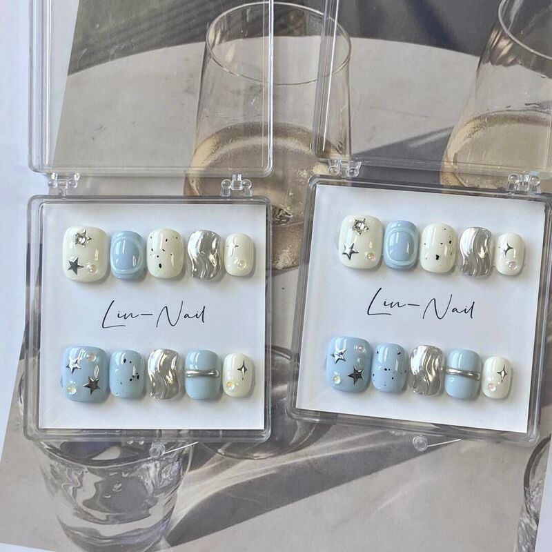 Wearable Manicure, Handmade, Cute Short Style, Hand-Painted, ins Nail Tips, Brightening Effect, Finished Product, Removable, Sea Salt Stars