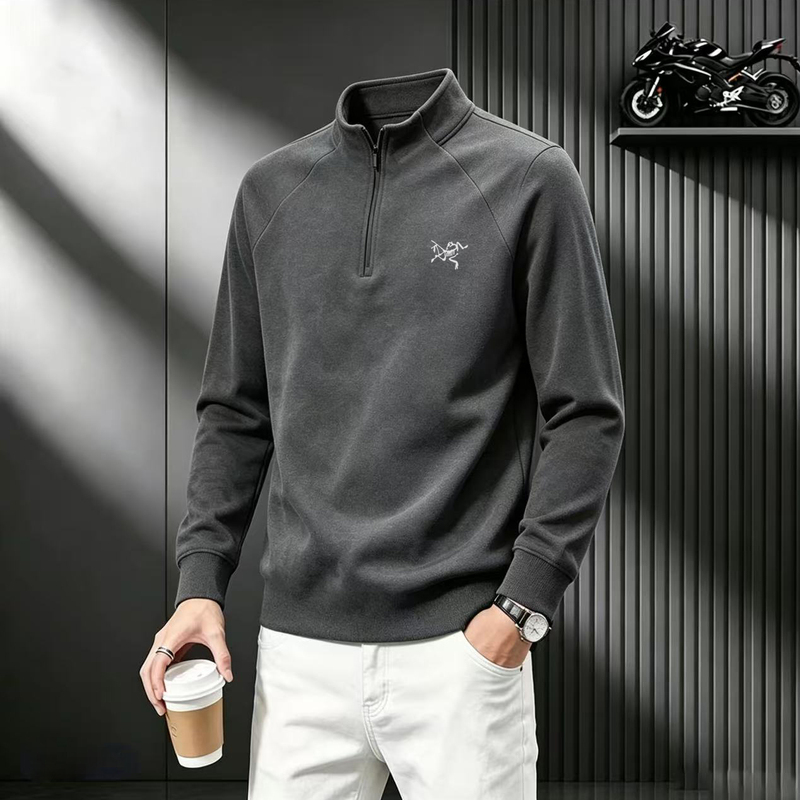 Outlet Clearance | Autumn and Winter German Velvet Men's Half-Zip Stand Collar T-Shirt, Loose Casual Embroidered Base Shirt Sweatshirt