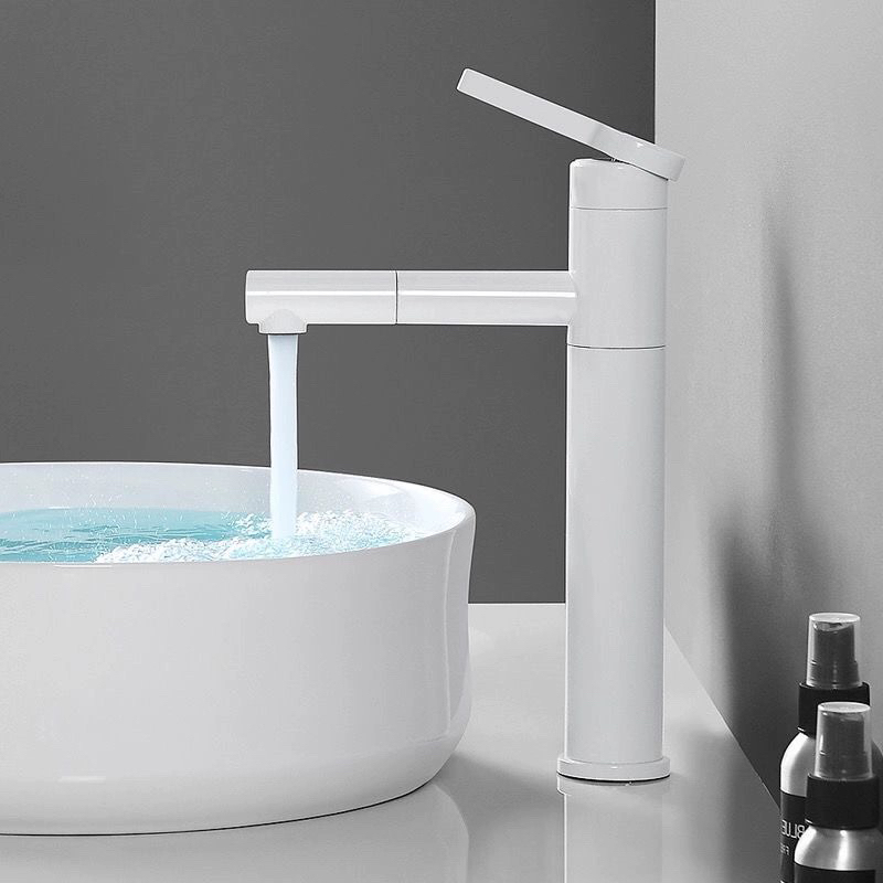 All-Copper Pull-Out Faucet for Washbasin, Bathroom Vanity, Countertop Basin, Balcony, White Faucet with Height Adjustment