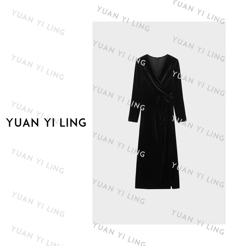 Yuan Yiling【Black Swan】Black Short Velvet Dress with Classic and Elegant Design, V-Neck Long-Sleeve Velvet Dress Yuan Yiling【Black Swan】Black Short Velvet Dress with Classic and Elegant Design, V-Neck Long-Sleeve Velvet Dress