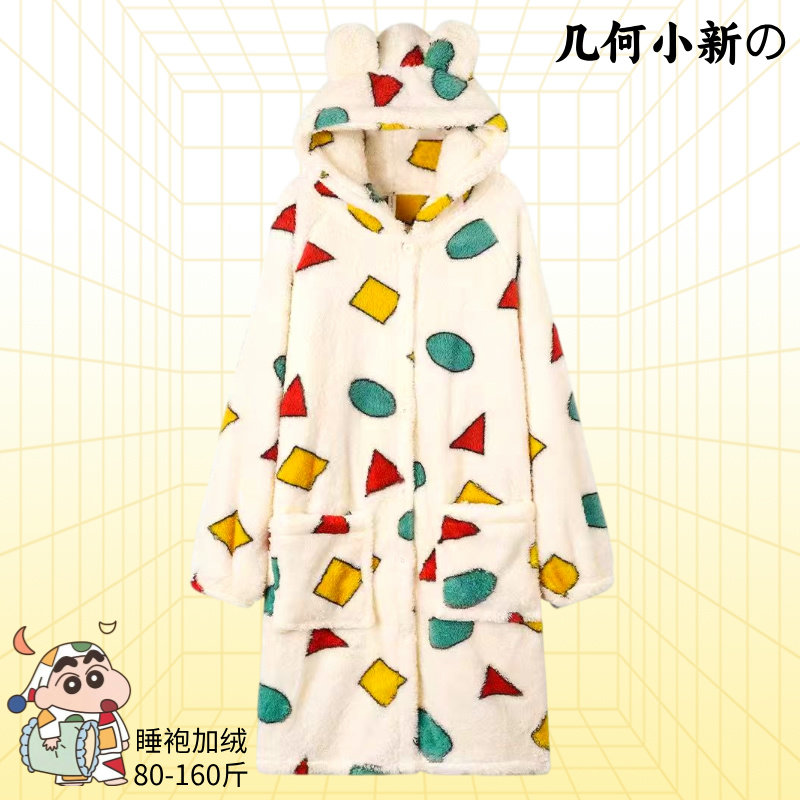 Ночная рубашка Crayon Shin-chan из кораллового флиса для мужчин и женщин, зимняя утепленная фланелевая рубашка с капюшоном и рисунком, теплая и милая домашняя одежда Изображение 1