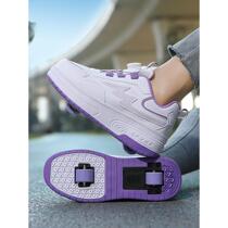 High-end heelys shoes for girls with pink appearance and popular fashion roller skates with detachable flat bottom double wheels for adult students.