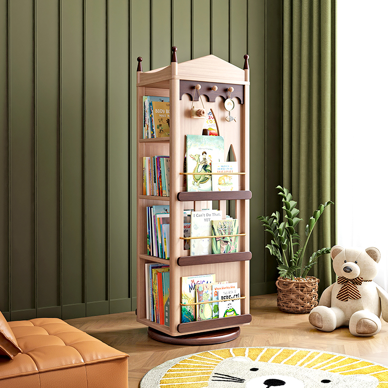 Ding Ding Bear Castle Rotating Bookshelf Children's 360 Degree Solid Wood Floor Standing Bookcase Picture Book Display Rack Storage Storage Cabinet