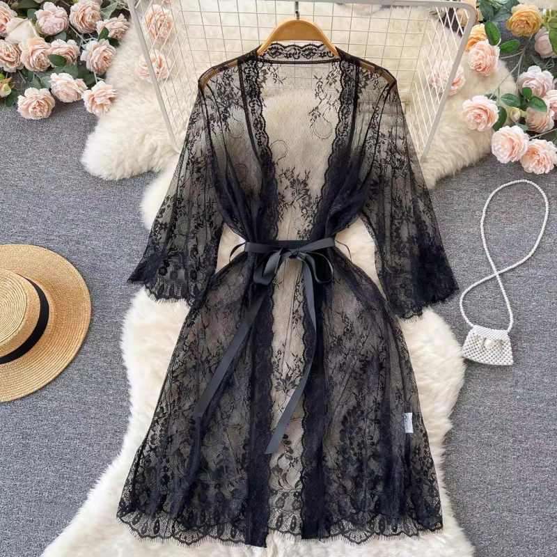 Spring and Summer Pure and Sexy Style Hot Girl Sexy Nightgown Women's Thin Long Mesh Lace Nightdress Deep V-Neck Shawl Cardigan Trendy