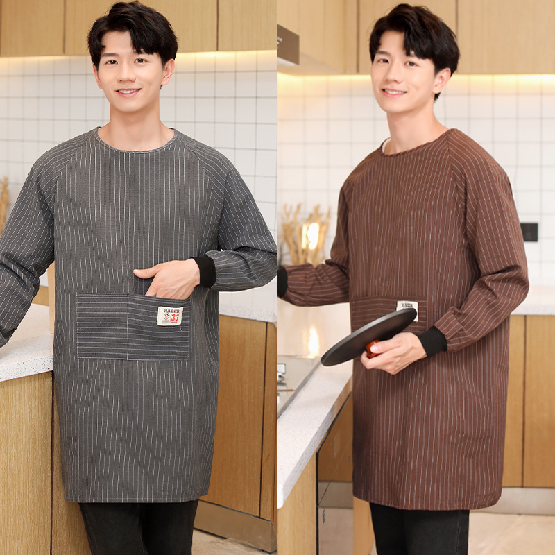 Men's Long-Sleeved Smock for Home Kitchen 2024 New Apron Summer Work Clothes for Men and Women Pure Cotton Waterproof and Oil-Proof