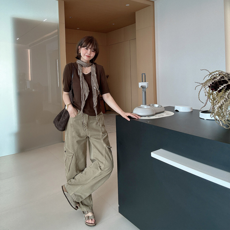 Autumn and Winter Fashionable High-Waisted Loose Slimming Versatile Retro Straight-Leg Cargo Pants for Women