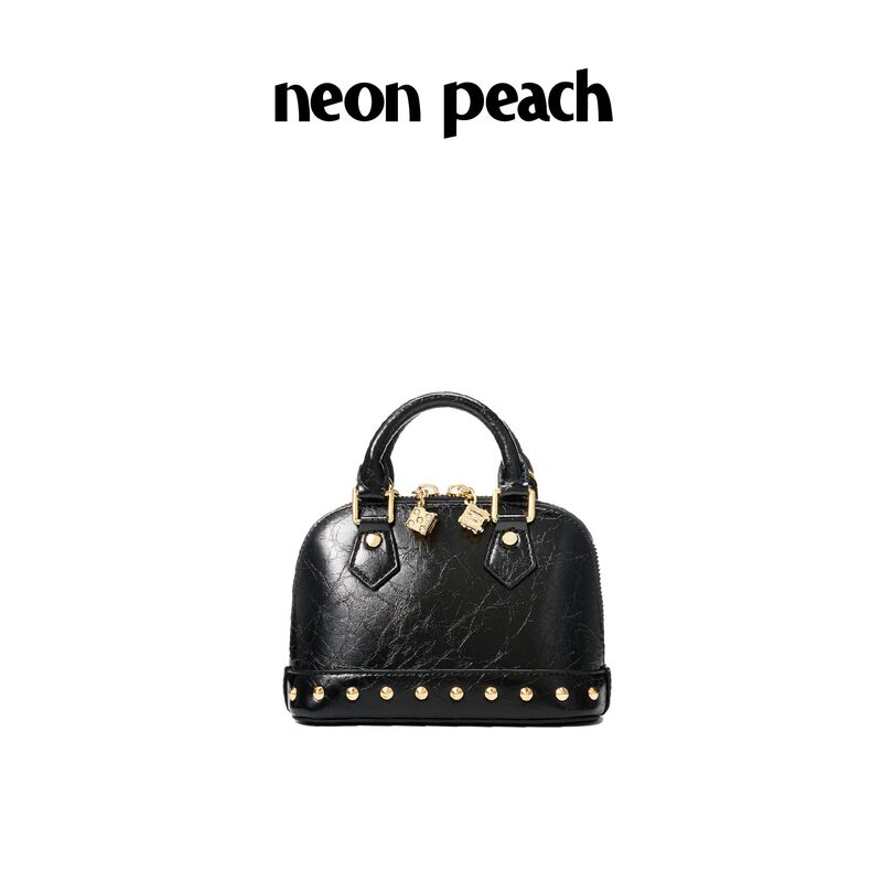 Neon Peach Neon·Peach Original Niche Studded Handbag High-End Oil Wax Leather Black Small Bag Shell Bag