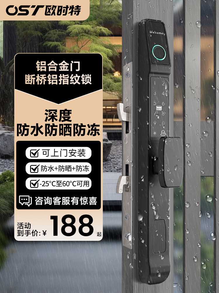 Broken Bridge Aluminum Alloy Fingerprint Lock Outdoor Waterproof Courtyard Door Smart Lock Narrow Edge Door Sliding Door Push-Pull Door Password Lock