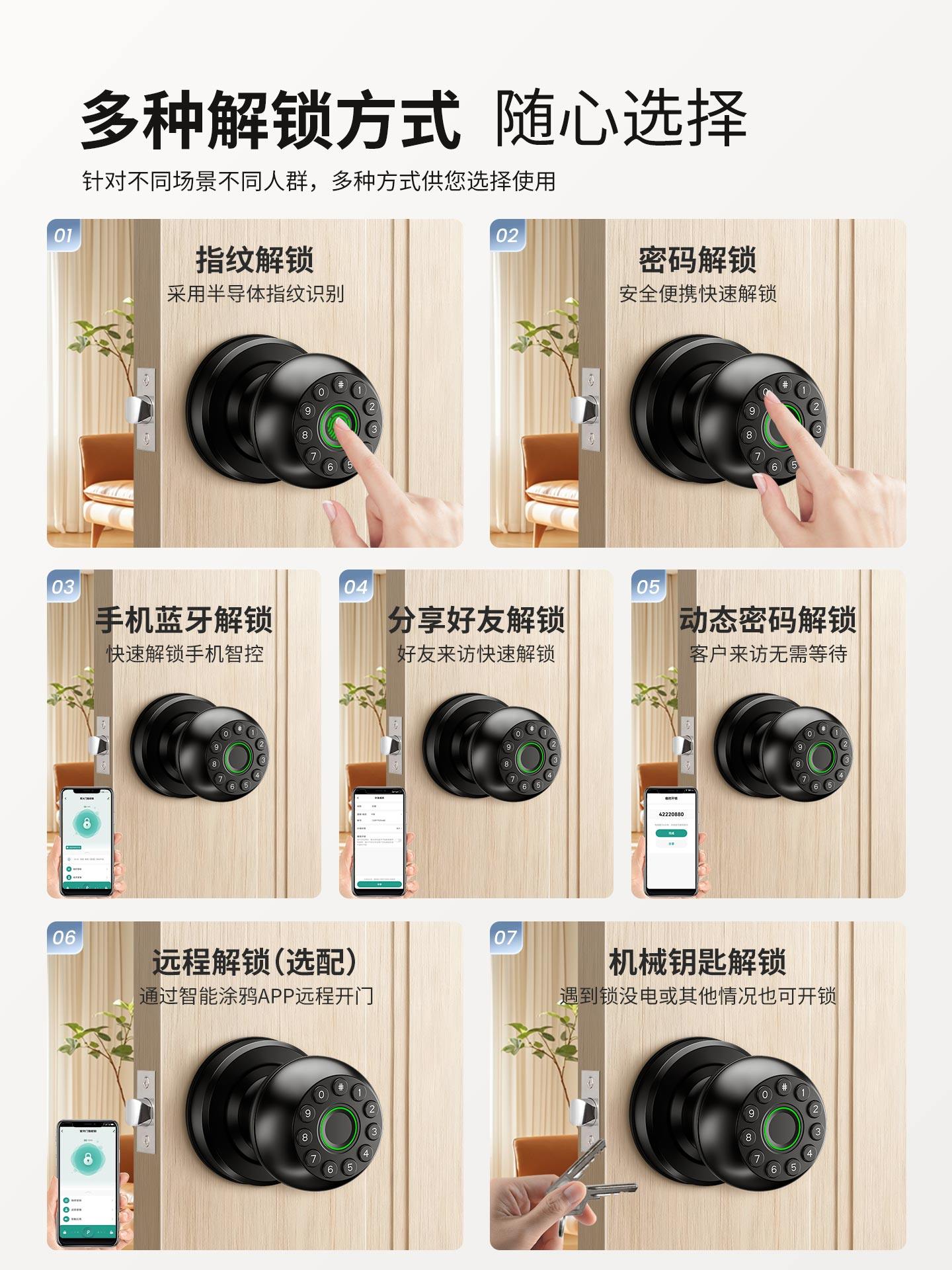 Spherical Smart Door Lock for Home Use, No Need to Change Holes, Round Fingerprint Lock for Bedroom Wooden Door Handle, Electronic Password Lock