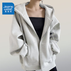 Jeanswest Gray Petite Hooded Jacket for Women 2025 Autumn New Loose Korean Style Sweatshirt Cardigan Top B
