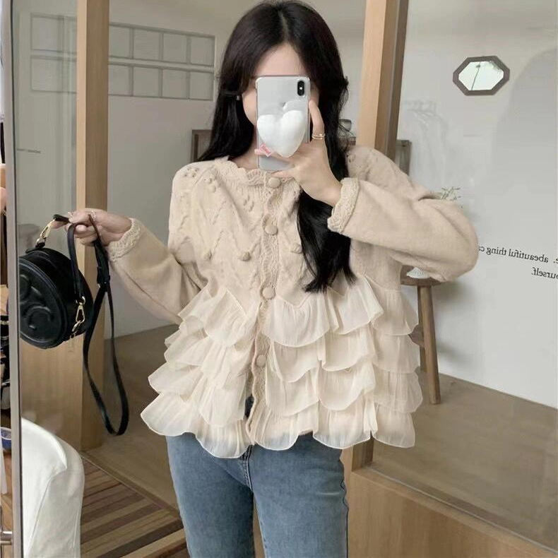 Gentle Style Patchwork Soft Sweater Coat for Women 2026 New Loose Slimming Ruffle Top Versatile Knitwear