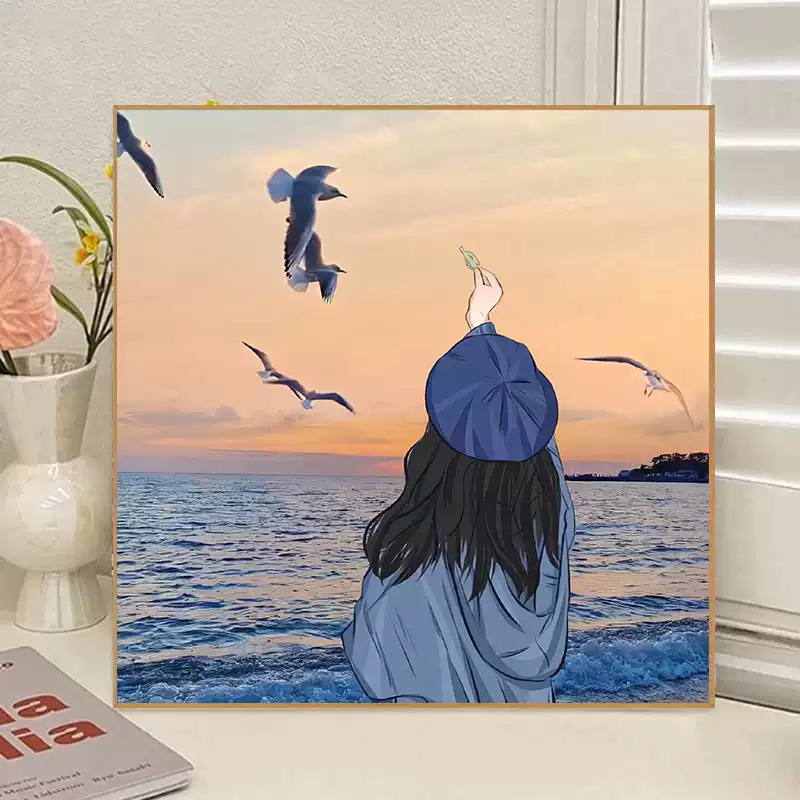 海边风景diy数字油画新款自由女孩头像手绘填色画解闷丙烯油彩画-淘宝