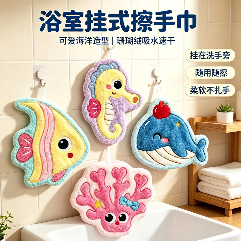 Tropical Fish Ocean World Series Hanging Hand Towel for Children, Ultra Coral Fleece, Lint-Free, Bathroom Absorbent and Quick-Drying