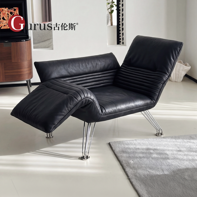 Italian Ds-142 Chair, Minimalist Style, Black Genuine Leather Single Sofa Chair, Modern Living Room Leisure Lounge Chair with Metal Legs