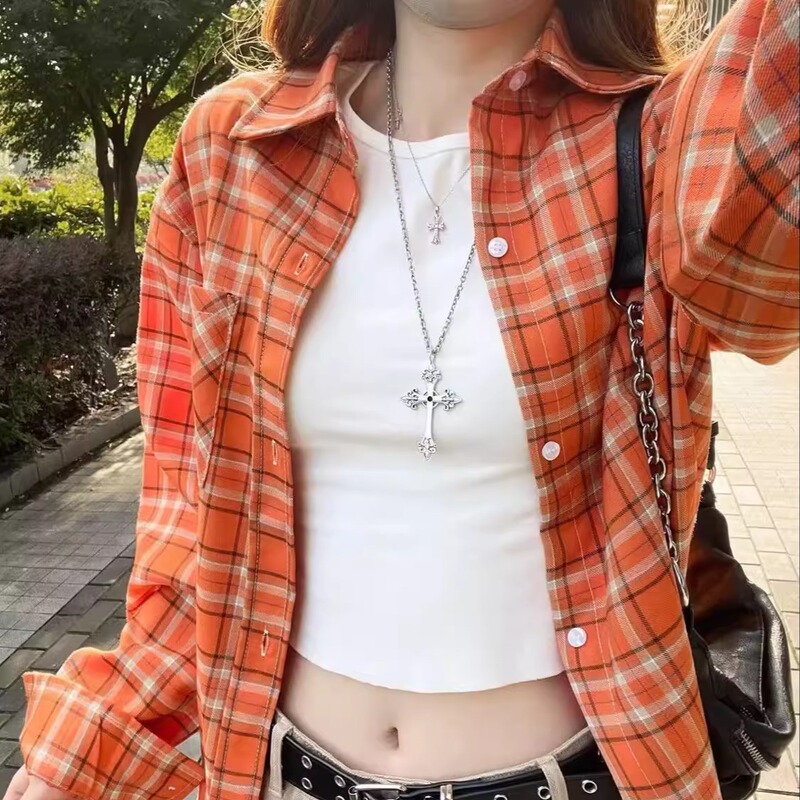 Versatile Korean Style New Thin Long-Sleeved Orange Plaid Retro Trendy Shirt for Women, Layered as an Inner Layer, Loose Shirt Jacket