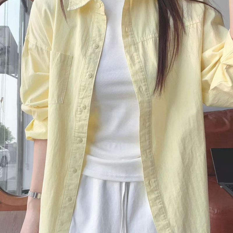 Pure Cotton Yellow Shirt for Women, Spring and Autumn 2025 New Style, Turn-Down Collar, Long-Sleeved Shirt, Outerwear, Petite Korean Style Loose Top
