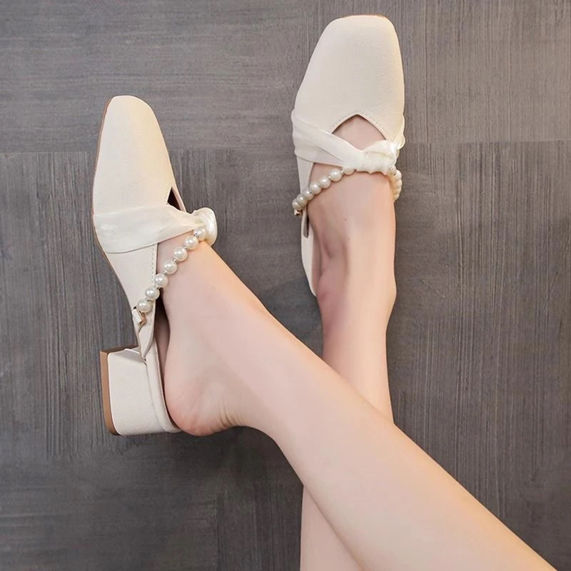 Rongkun Women's Shoes 2026 Summer New Style Women's Soft Leather Half-Slip Sandals French Style Closed-Toe Slip-On High Heels Rongkun Women's Shoes 2026 Summer New Style Women's Soft Leather Half-Slip Sandals French Style Closed-Toe Slip-On High Heels