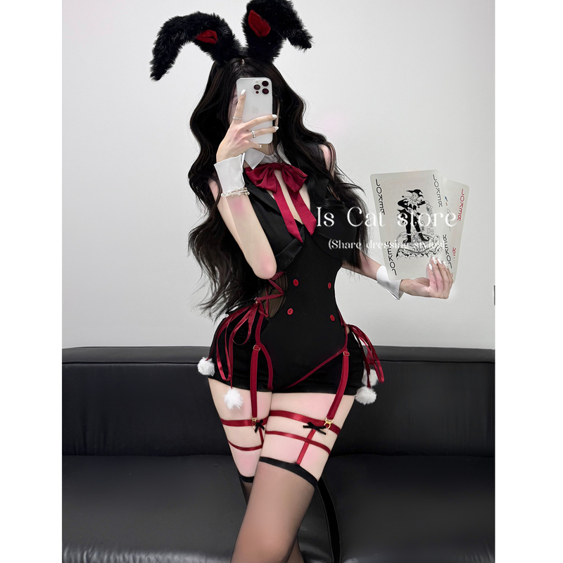 Is Cat：Joker Rabbit God Sexy Bunny Girl Deep V Strap Jumpsuit Cosplay Uniform Nightdress Set for Women