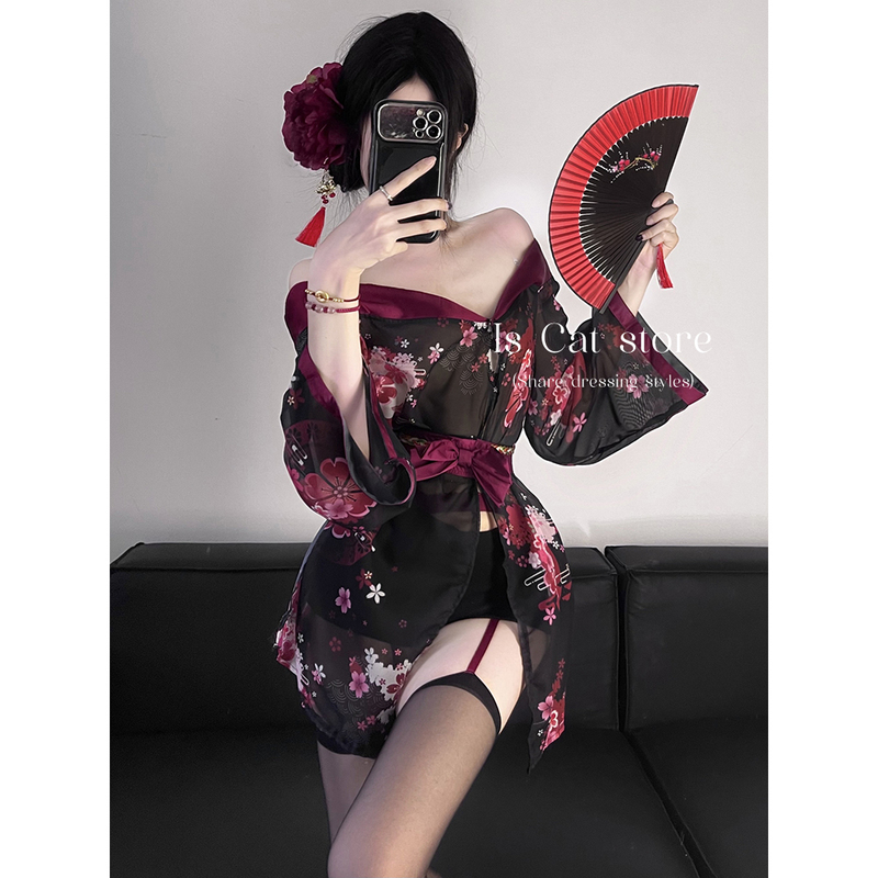 Is Cat: Mature and Elegant Woman, Sweet and Spicy Open-Front Skirt, Japanese Kimono Uniform, Loungewear Set, Ultra-Thin Short Skirt