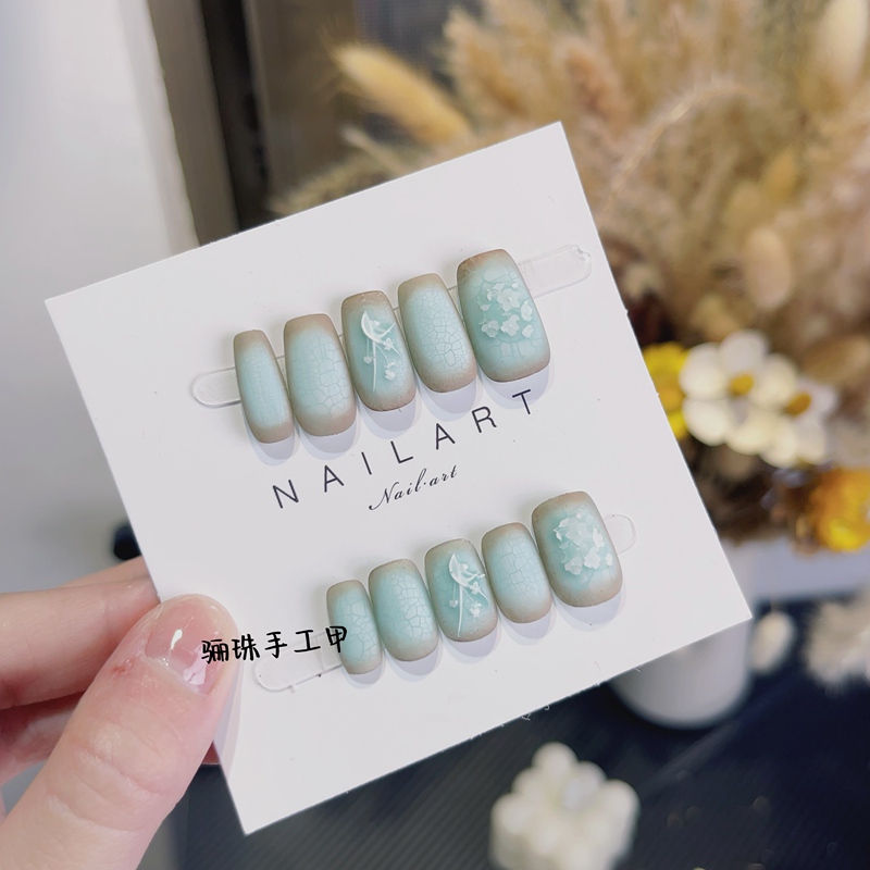 Green Glaze - Ru Kiln Embossed Porcelain Matte Nail Art 2025 New Handmade Wearable Nails Blue Nail Art Stickers