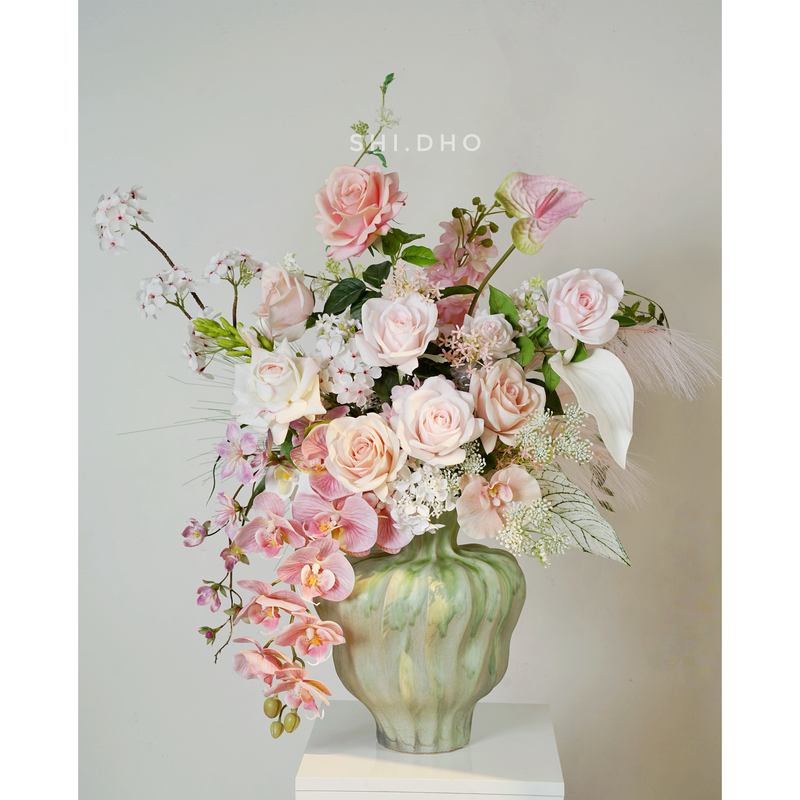 Original High-End Pink Floral Arrangement with High-Quality Artificial Flowers, Moisturizing Roses, Living Room Flower Arrangement, Dining Table Home Decoration Display