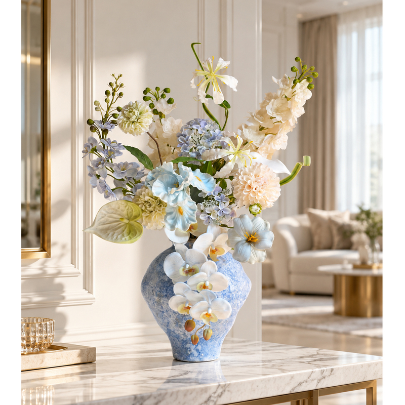 Shiduo Original High-Quality Light Blue Artificial Floral Ornaments, Decorative Flowers, High-End Mist Blue Bouquets, Soft Furnishings