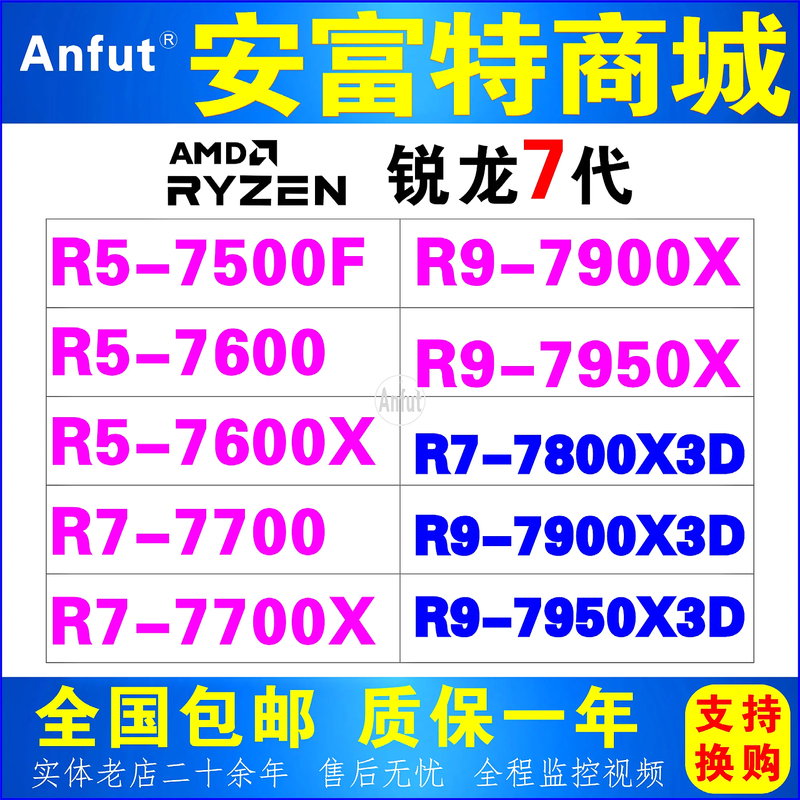 Ryzen Amd R5 7500F 7600X R7 7700X 7800X3D R9 7900X3D 7950X3D