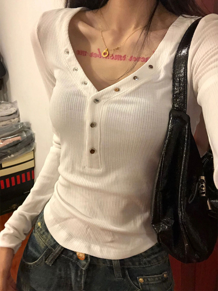 American spicy girl V collar collection waist positive shoulder long sleeve undershirt female spring autumn-winter stay with a supercharged blouse-Taobao