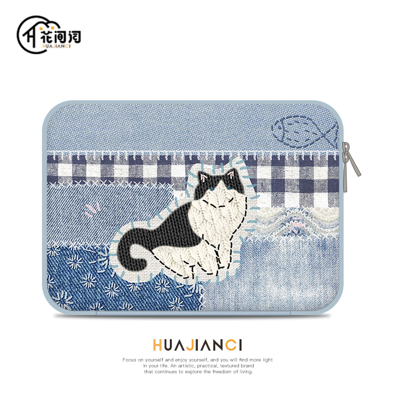 Huajianci Denim Kitten Laptop Sleeve for Women, Suitable for Apple MacBook Air 14inch, Huawei Matebook 13 Notebook Protective Case, Lenovo Xiaoxin Pro 15.6inch Storage Bag