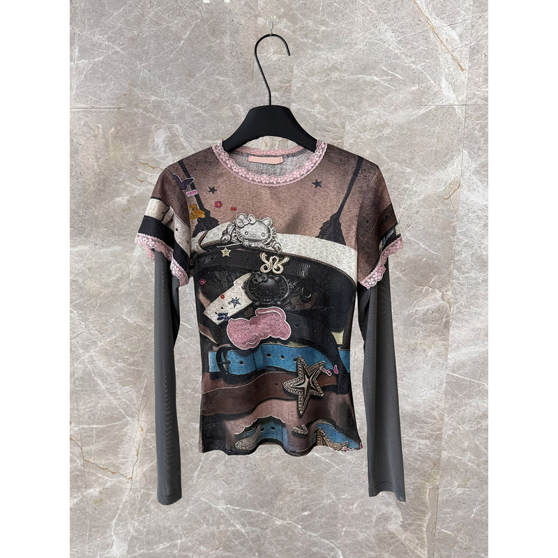 Shenzhen Nanyou High-End Women's Clothing 2026 New Vintage Lace Graffiti Casual Long-Sleeve T-Shirt Top