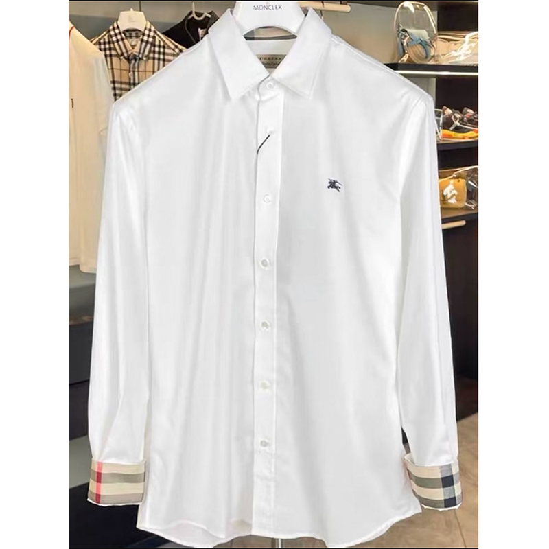 Burberry Classic Pointed Collar Plaid Long Sleeve Pearl Shell Button Shirt for Men and Women