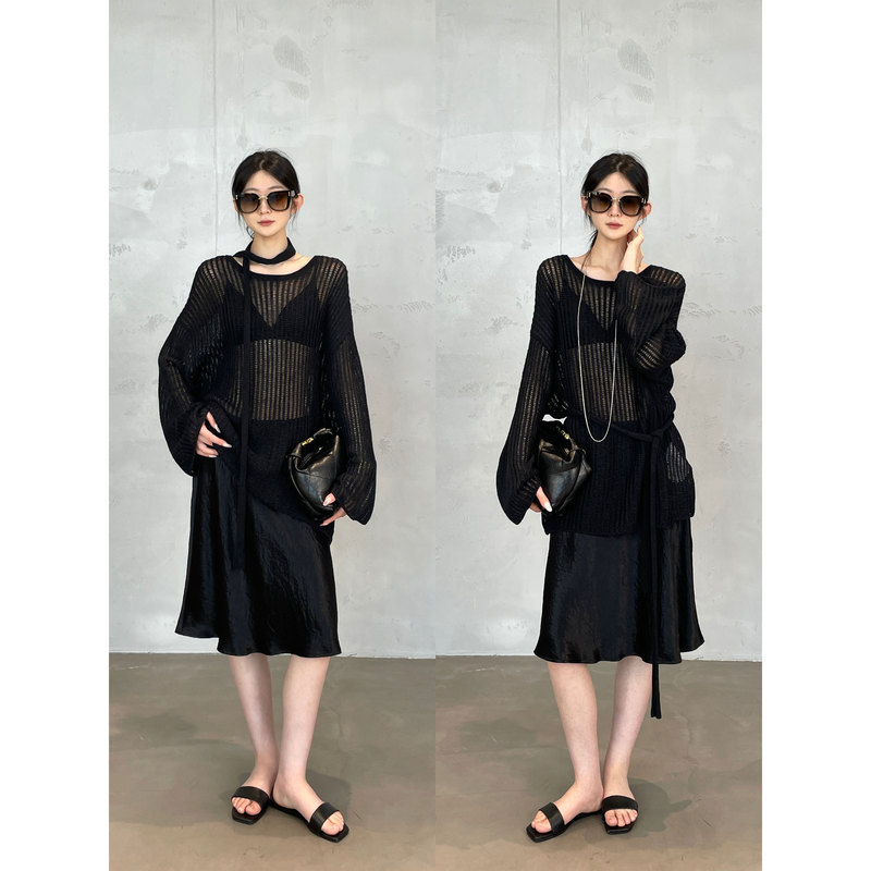 Zhiyu [Seine River Bank] Modal Blend Hollow-Out Knit Sweater with Scarf, Lazy Loose Fit Slimming Cover-Up