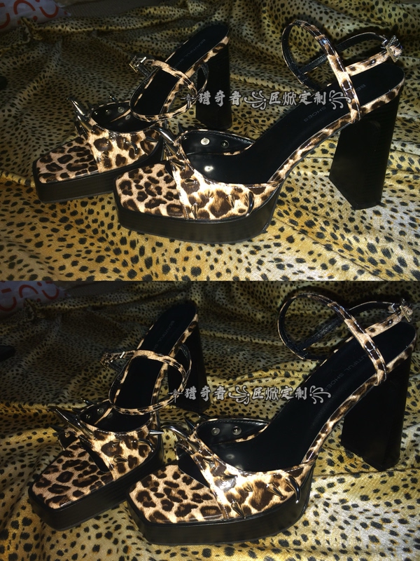 European and American Y2K Millennium Hot Girl Style Retro Leopard Print Subculture Studded Waterproof Platform Chunky Heel Ankle Strap High Heels