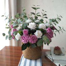 Retro straw woven bamboo rattan woven portable flower basket dried flowers simulated fake flower arrangement vase flower pot ornament props