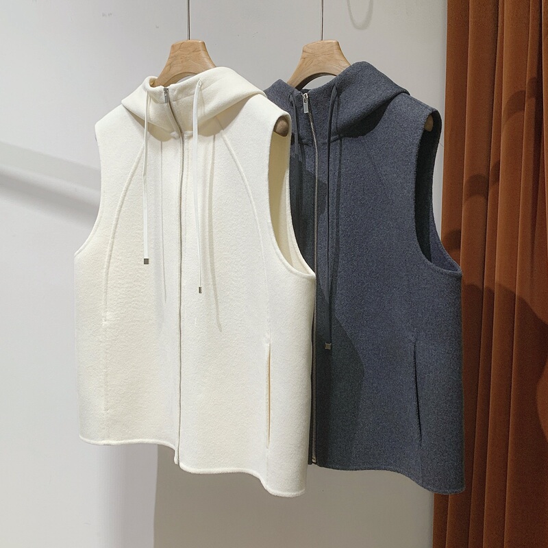 Casual Comparison~ Direct Line~ Original Fabric~ Heavyweight 110-Count Wool and Cashmere Pure Handmade Hooded Zippered Double-Sided Woolen Vest